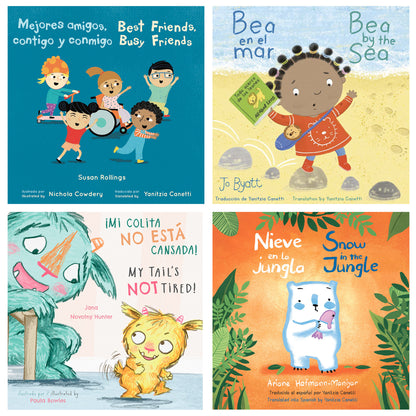 Four children's picture book covers displayed in a grid: top left shows colorful characters with Spanish and English text about best friends; top right depicts