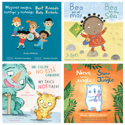 Four children's picture book covers displayed in a grid: top left shows colorful characters with Spanish and English text about best friends; top right depicts