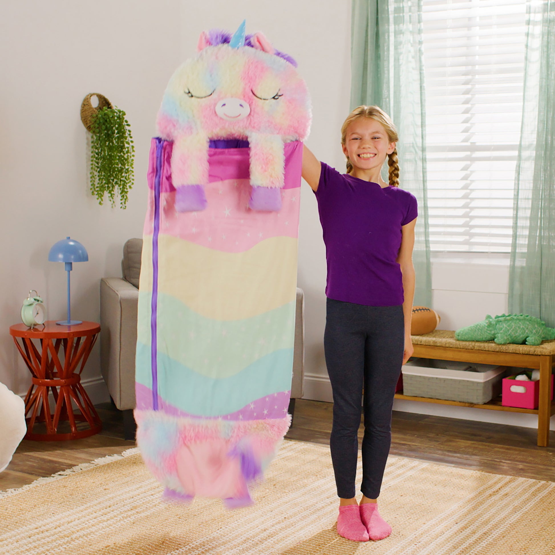 Happy Nappers Rainbow Unicorn pillow and sleepy sack, large 66x30 inches, pastel colors