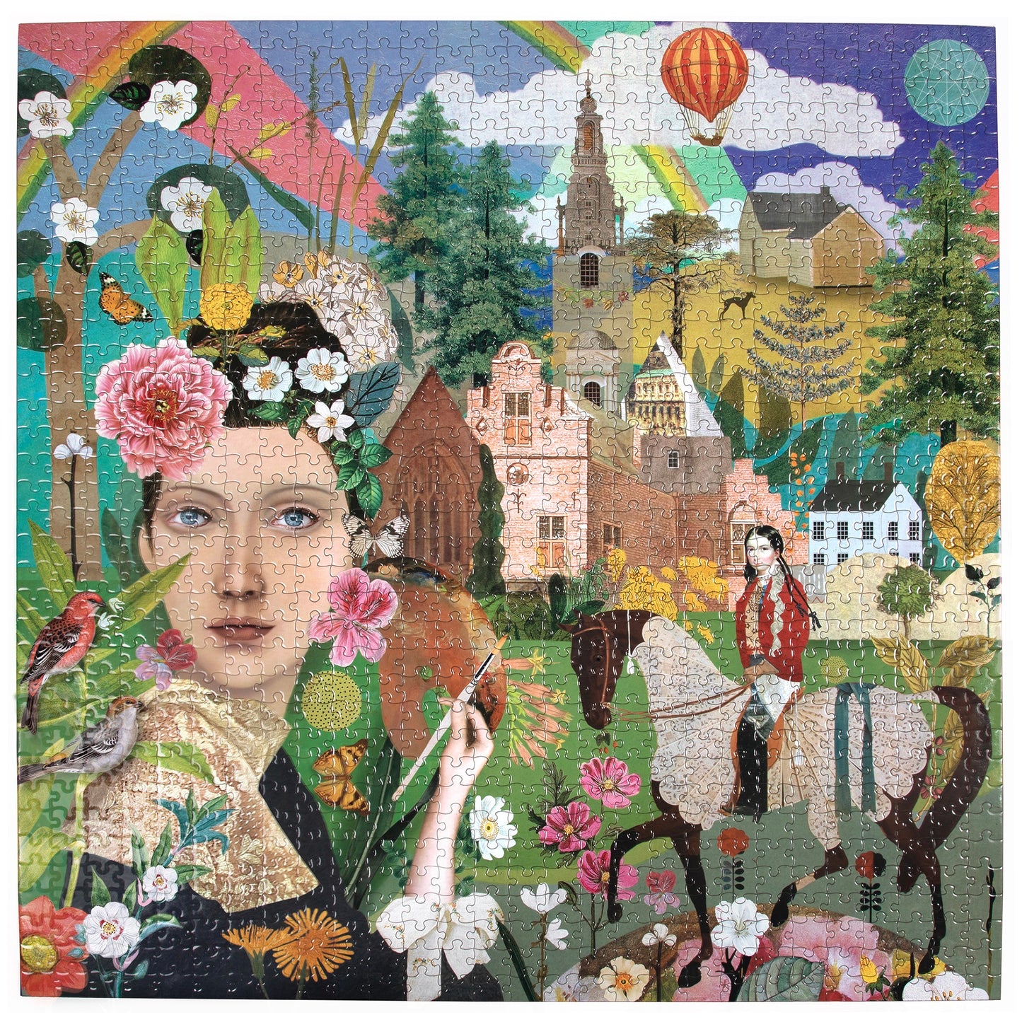 Piece&Love Artist & Daughter Countryside jigsaw puzzle box image featuring an illustration of a child's face surrounded by colorful flowers, a countryside villa