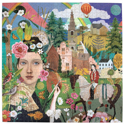 Piece&Love Artist & Daughter Countryside jigsaw puzzle box image featuring an illustration of a child's face surrounded by colorful flowers, a countryside villa