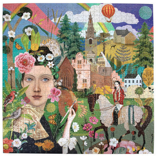 Piece&Love Artist & Daughter Countryside jigsaw puzzle box image featuring an illustration of a child's face surrounded by colorful flowers, a countryside villa