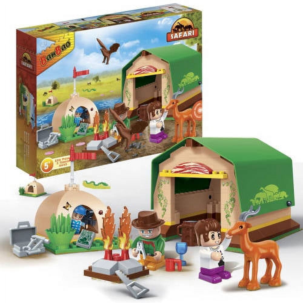 BanBao Wilderness Adventure Tented Camp building set with tan canvas tents, green roof canopy, campfire, two minifigures, brown camel, red bird, and accessory p