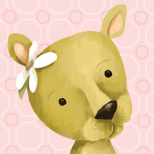 Soft yellow plush lion with pointed ears and white flower bow, on pink geometric patterned background