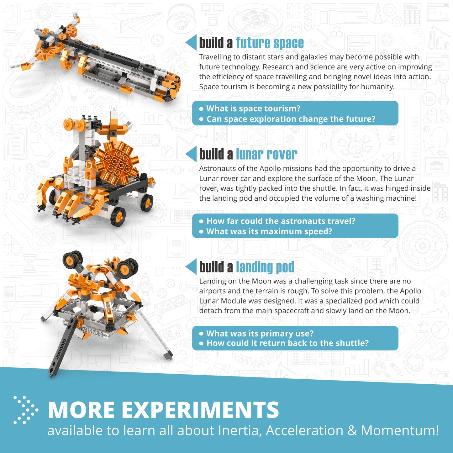 Engino Discovering STEM Astronomy building set with orange and black space models including rover and landing pod
