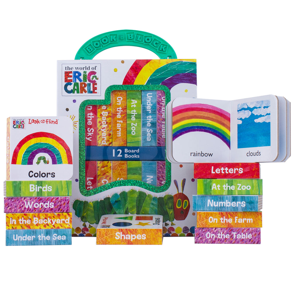 The World of Eric Carle 12-book board book set with turquoise carrying handle, featuring colorful spines and includes Look and Find, Letters, At the Zoo, Number
