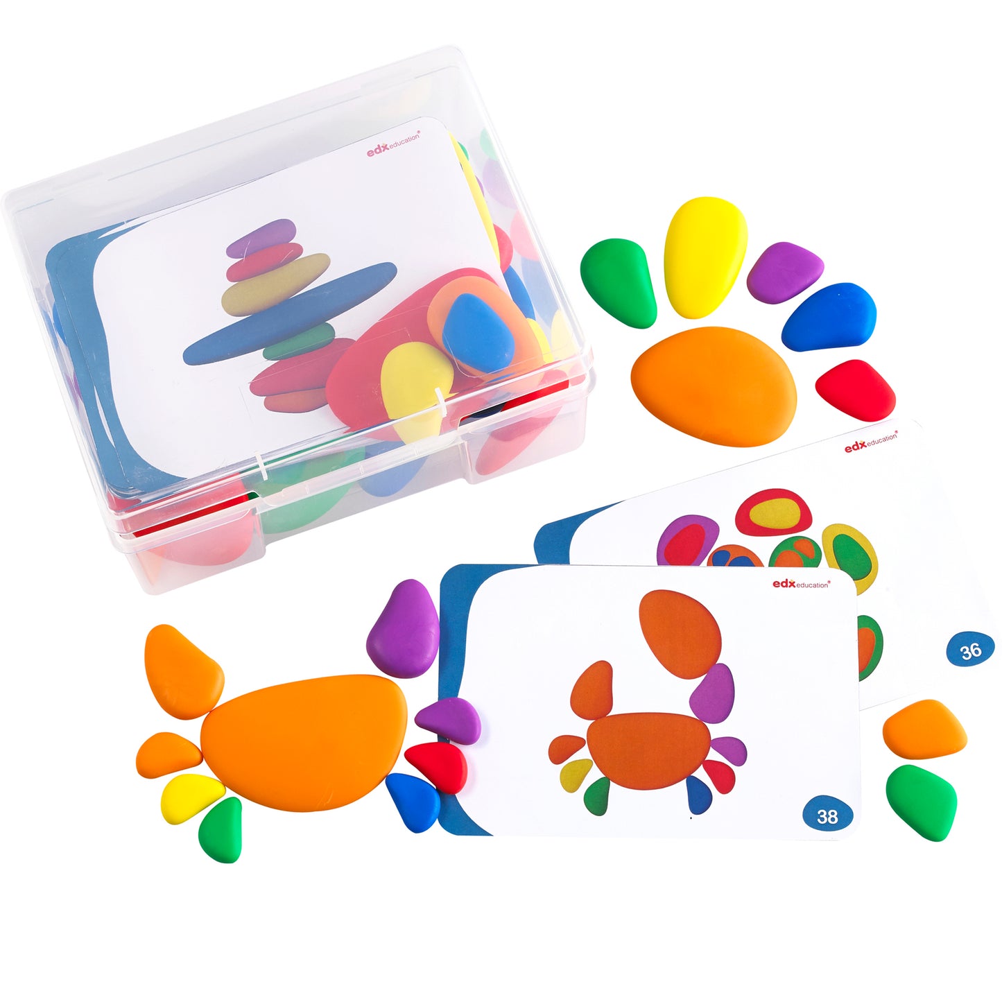 Edxeducation Rainbow Pebbles set with 36 colorful smooth stones in clear storage container, displayed with example arrangements showing pebbles sorted by color