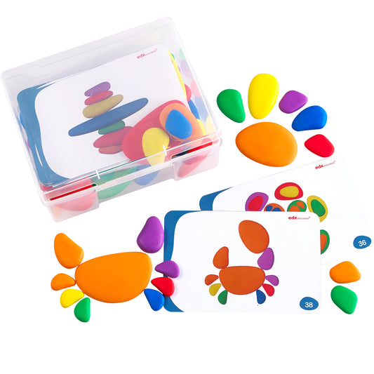Edxeducation Rainbow Pebbles set with 36 colorful smooth stones in clear storage container, displayed with example arrangements showing pebbles sorted by color