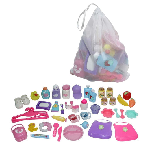 JC Toys For Keeps 45-piece baby doll essentials playset with mesh storage bag and accessories including bottles, dishes, utensils, diapers, clothing hangers, an
