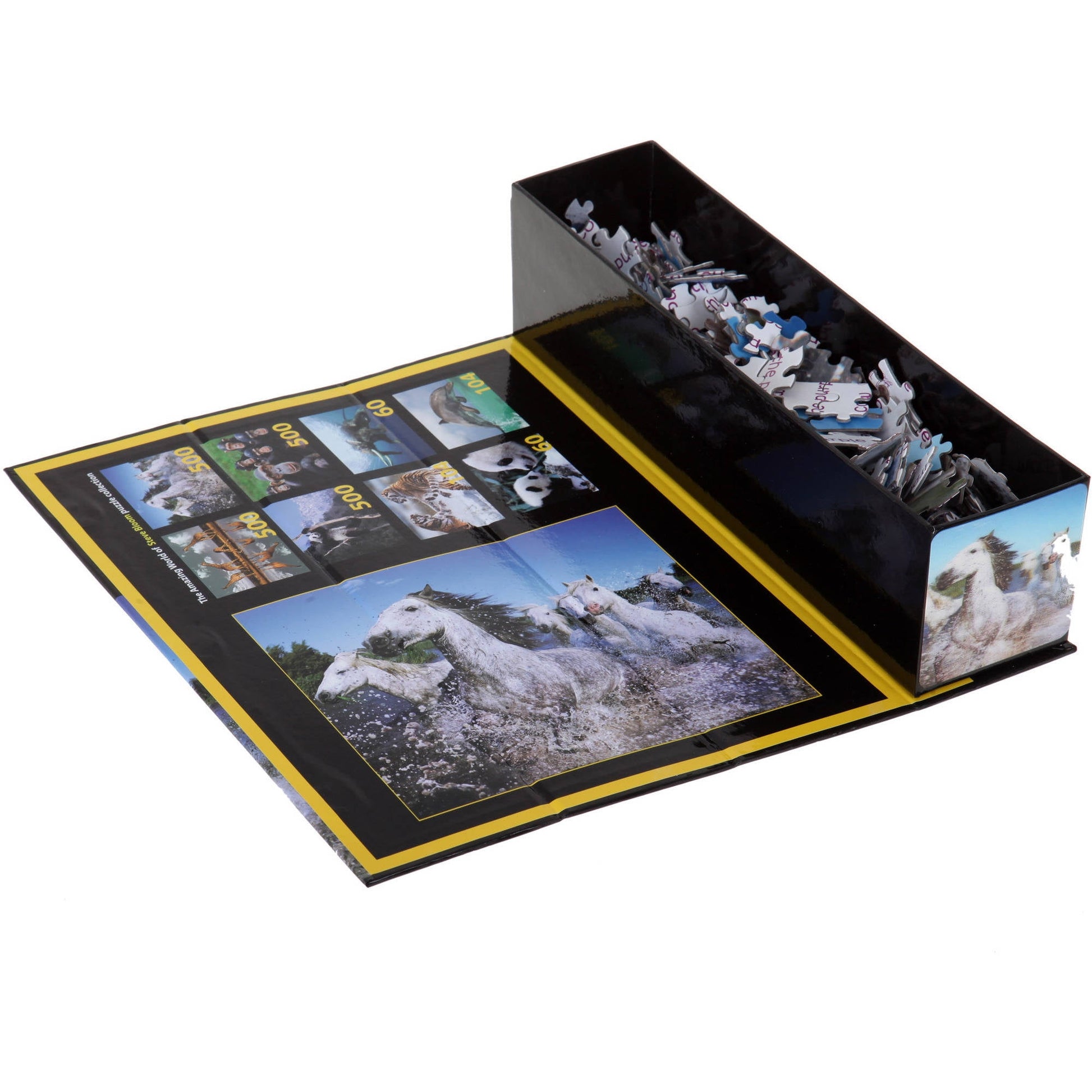 Tri-Coast Lenticular White Horses 500-piece puzzle box showing open packaging with lenticular cover image of white rock formations and interior puzzle pieces vi