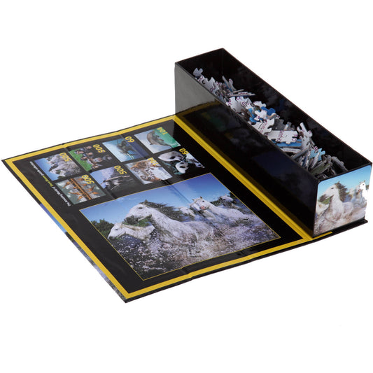 Tri-Coast Lenticular White Horses 500-piece puzzle box showing open packaging with lenticular cover image of white rock formations and interior puzzle pieces vi
