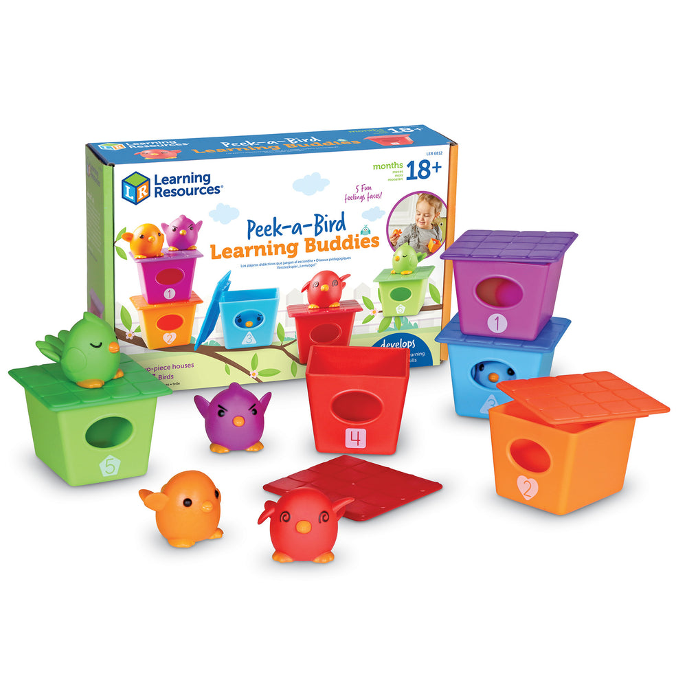 Learning Resources Peek-a-Bird Learning Buddies set with colorful nesting houses, bird figurines, and interactive play pieces for infants 18+ months