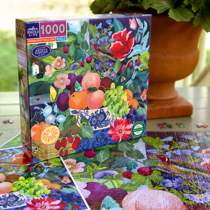eeBoo Stone Fruit Still Life 1000-piece puzzle box and assembled pieces featuring colorful illustrated orchard fruits...