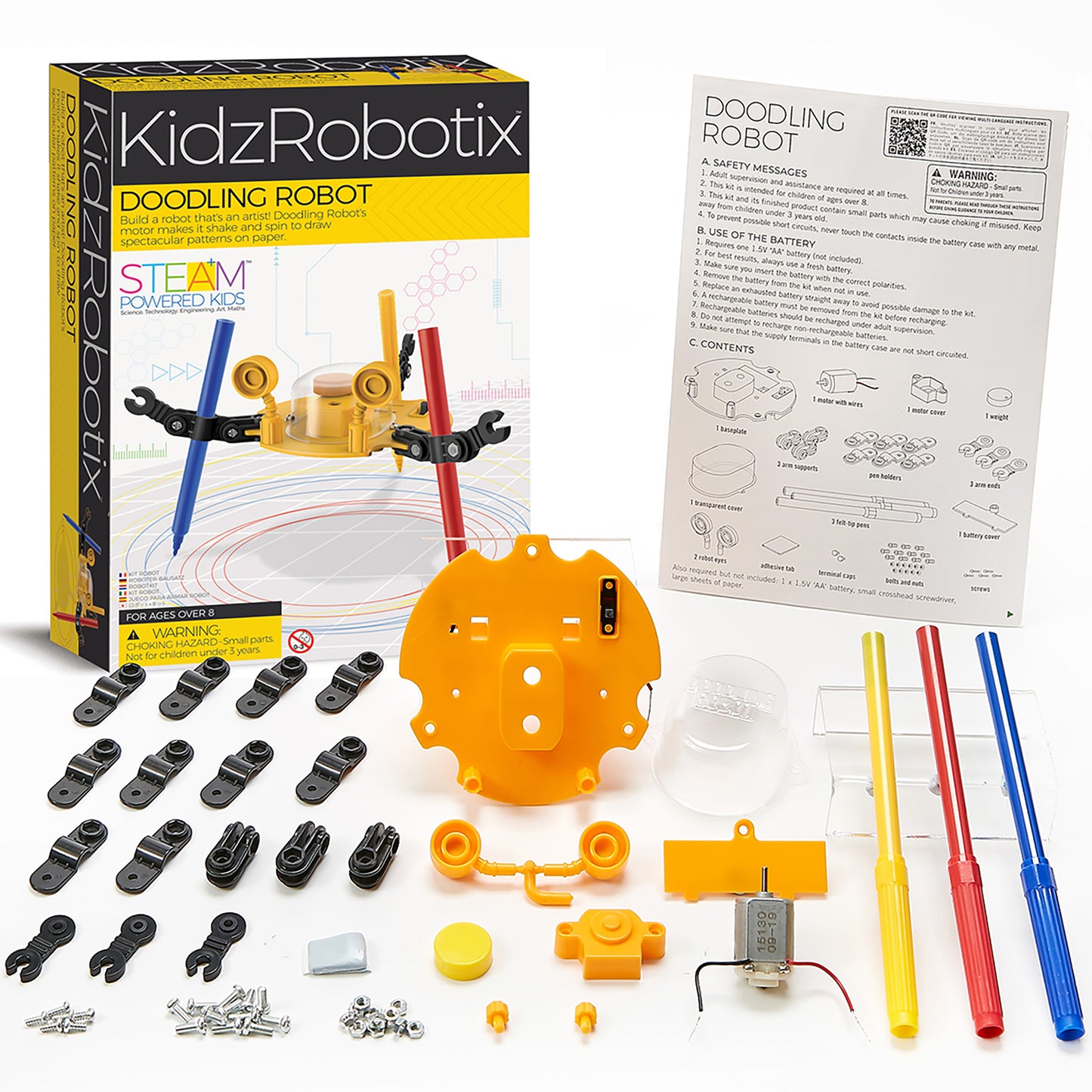 KidzRobotix Doodling Robot STEM kit with yellow motor unit, colored markers, and black mechanical parts