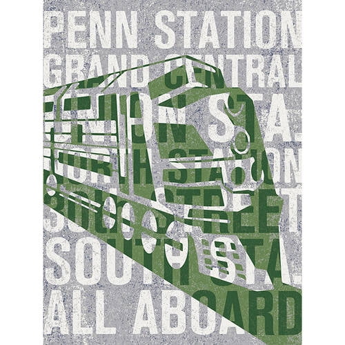 Green and gray graphic illustration of a vintage steam locomotive with overlaid transportation-themed text