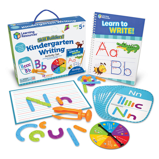 Skill Builders Kindergarten Writing Activity Set with colorful letter manipulatives, practice workbook, writing guide cards, and spinner wheel for ages 5+