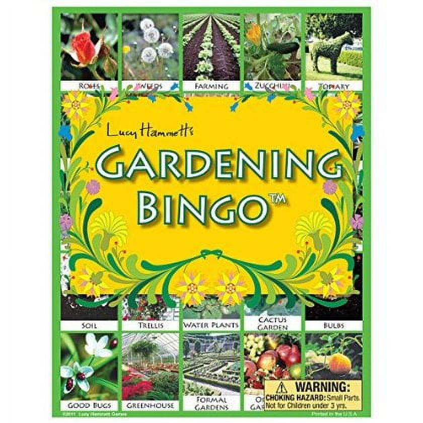 Lucy Hammett's Gardening Bingo game box featuring yellow cover with green floral borders, product photos of roses, flowers, farming, zucchini, topiary, soil, tr