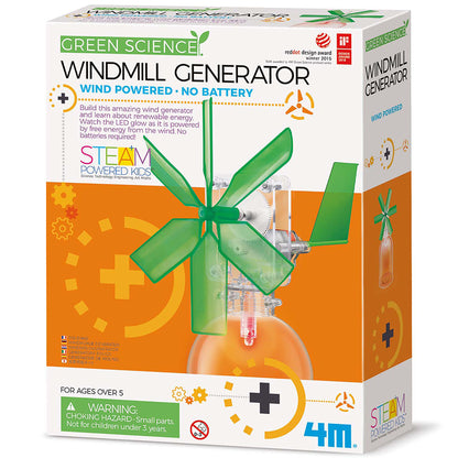 Green Science Windmill Generator STEM toy with green blades and LED light, wind-powered renewable energy kit