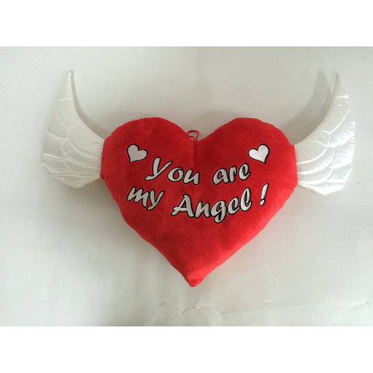 Red plush heart with white angel wings and "You are my Angel" embroidery with small heart details