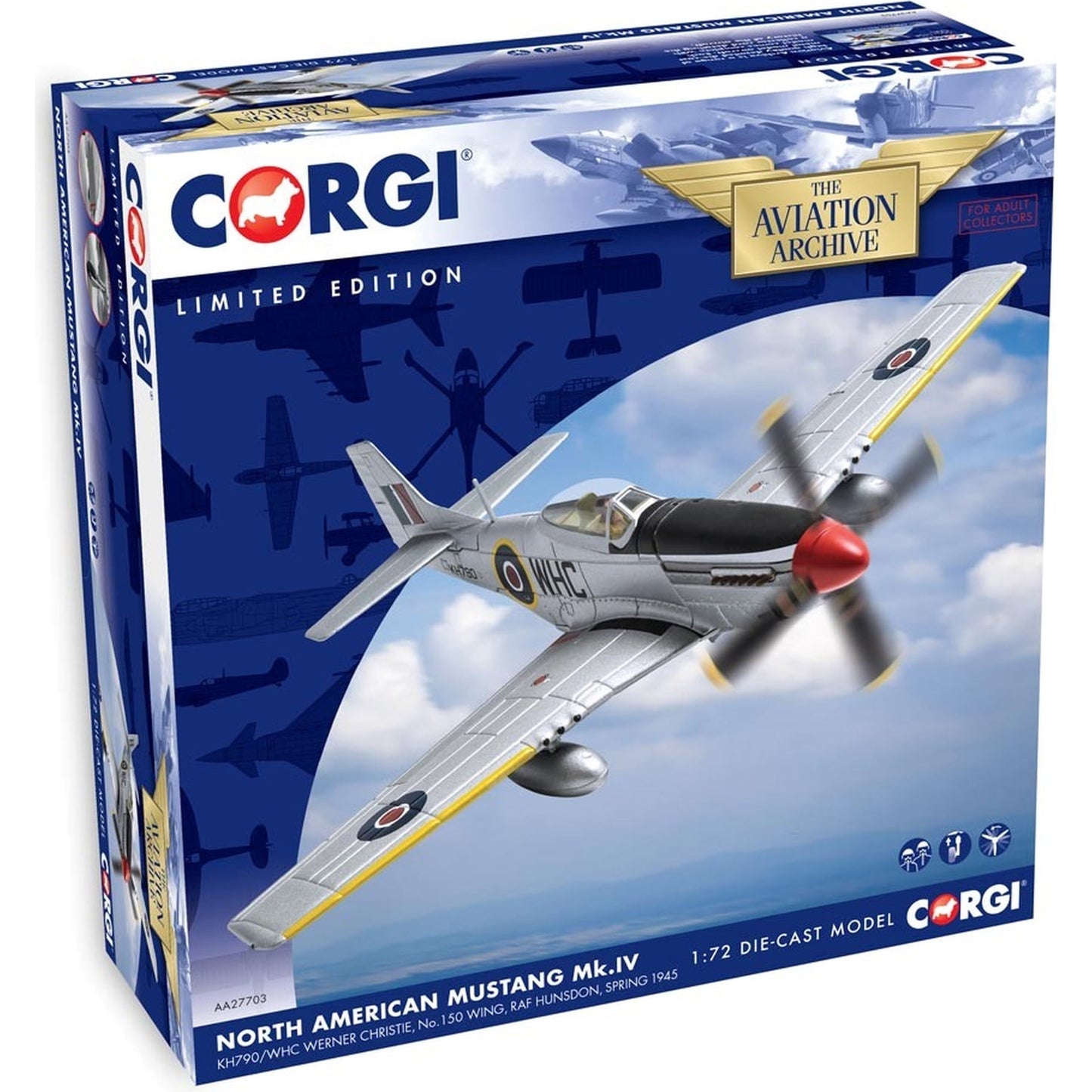 Corgi Limited Edition North American Mustang Mk.IV die-cast model aircraft with red propeller and RAF markings, shown in flight against cloudy sky