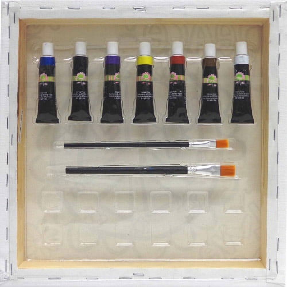 Paintadoodle Art Kit containing seven tubes of acrylic paint in blue, black, purple, yellow, red, brown, and black, plus two paintbrushes with orange bristles i
