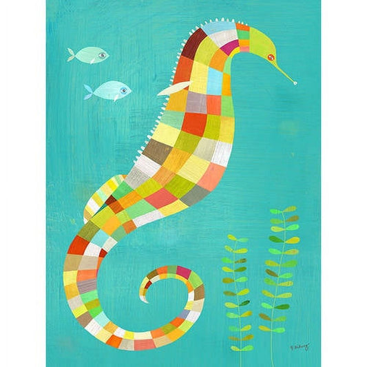 Colorful patchwork seahorse with two small fish and seaweed on turquoise background, canvas wall art