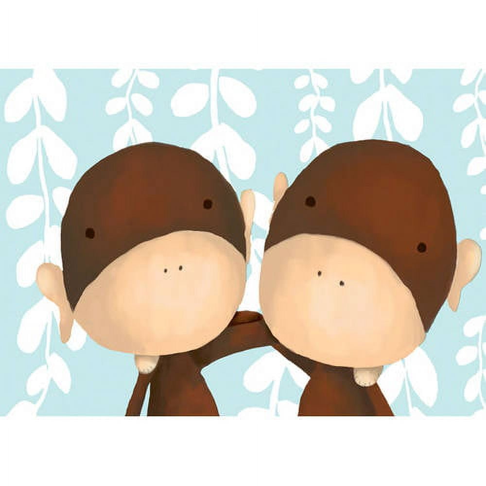 Two cartoon characters with brown hair and peach-toned faces facing each other against a light blue background with white leaf patterns, canvas wall art