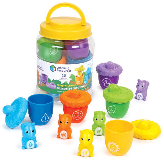 Learning Resources Snap-n-Learn Surprise Squirrels set with 15 pieces including colorful squirrel figures, numbered containers, and lids in yellow carry bucket
