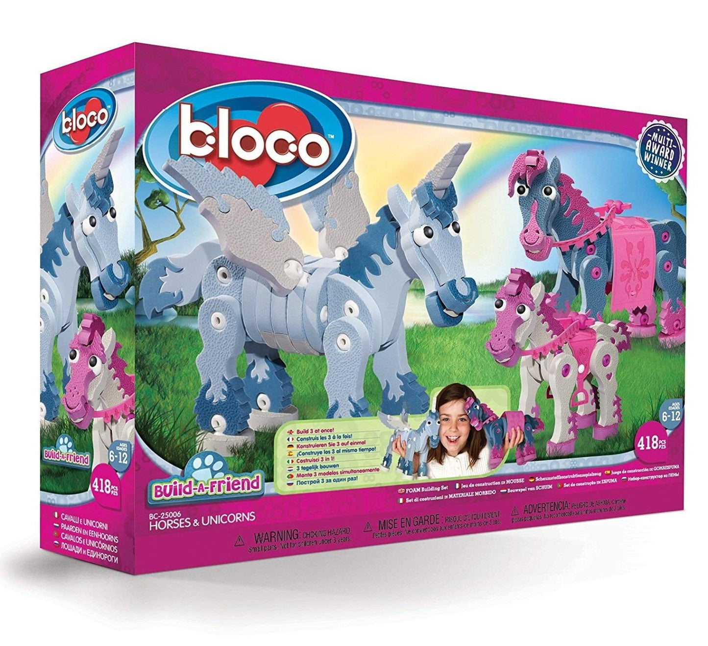 Bloco Horses & Unicorns foam building set showing gray unicorns with pink and white foam blocks, modeled by a child, 418 pieces