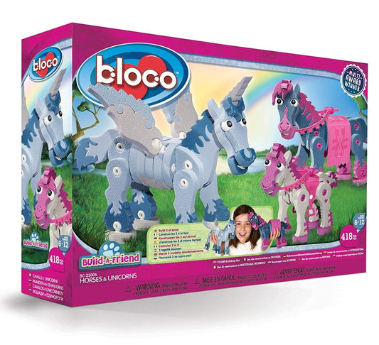 Bloco Horses & Unicorns foam building set showing gray unicorns with pink and white foam blocks, modeled by a child, 418 pieces