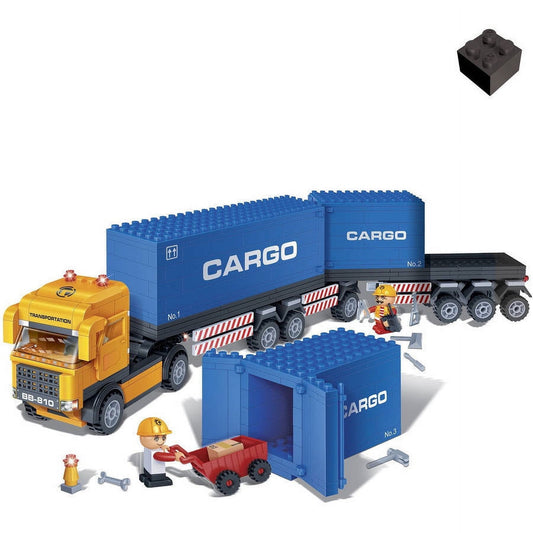 BanBao Cargo Truck Building Set with yellow construction truck, blue cargo containers, minifigure worker, red dump truck, and accessories on plain background