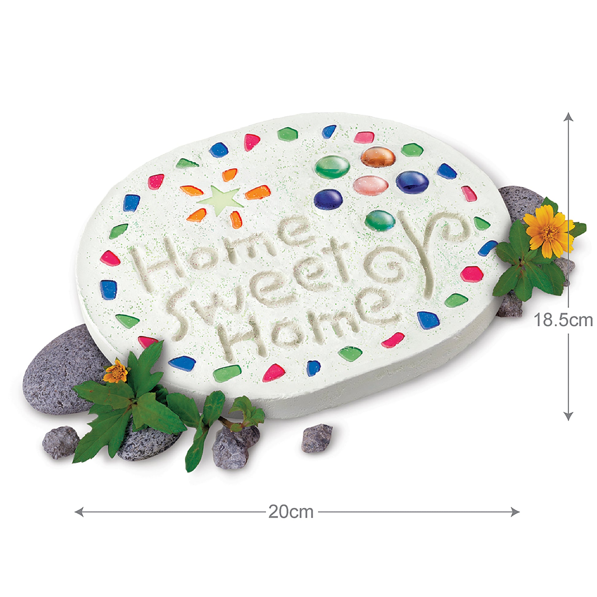 Make Your Garden Stepping Stone with colorful gems and 'Home Sweet Home' text, 20cm wide