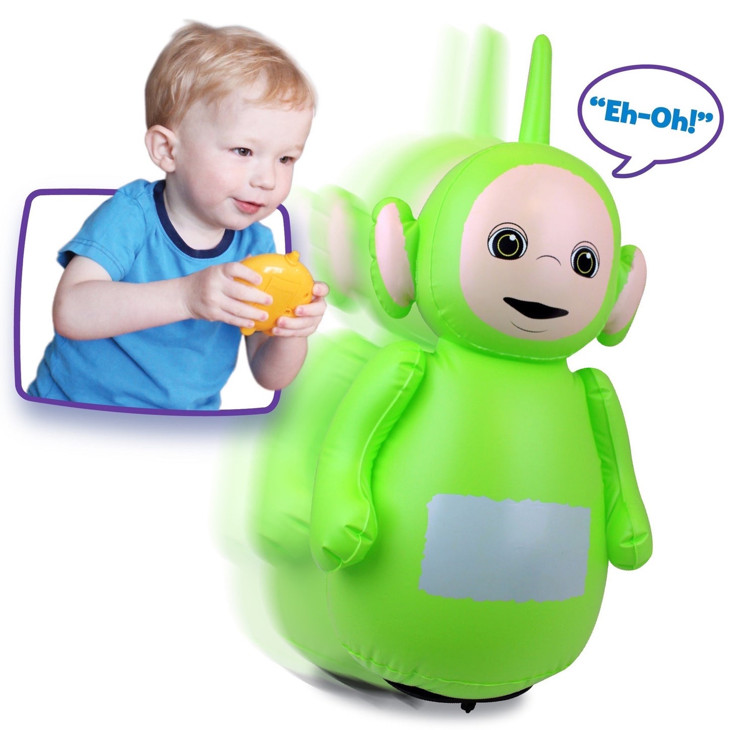 Bright green Teletubbies Dipsy character with antenna and smiling face, modeled by a child in blue shirt holding yellow object, with speech bubble reading 'Eh-O