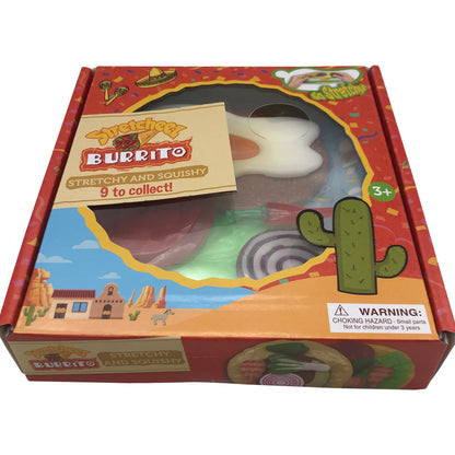 Stretcheez Burrito stretchy toy food set packaged in red box with Mexican-themed design, window showing white stretchy burrito toy with colorful toppings inside