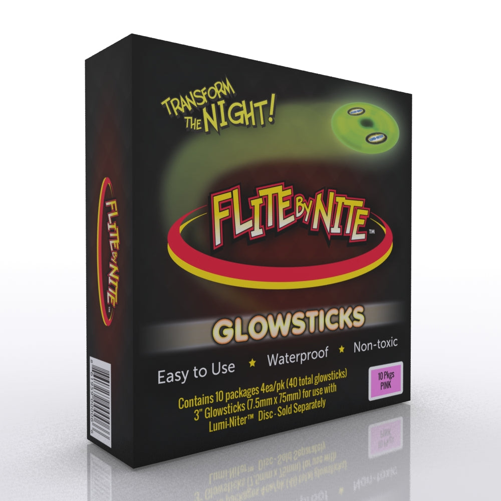 Flite by Nite Glowsticks box featuring green glowing disc on black background with yellow text 'Transform the Night' and product details for 10 packs pink glows