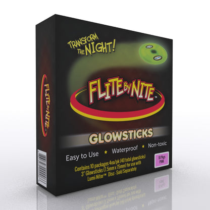 Flite by Nite Glowsticks box featuring green glowing disc on black background with yellow text 'Transform the Night' and product details for 10 packs pink glows