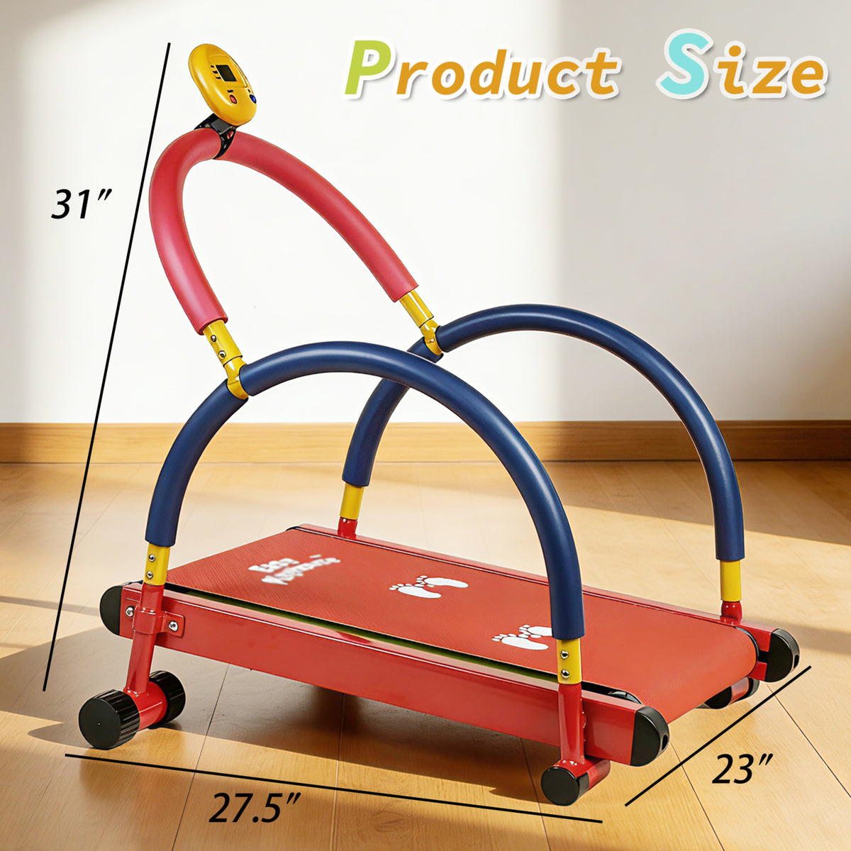 Kids Non-Motorized Treadmill With Digital Fitness Tracker in red with blue and yellow accents, featuring LCD display