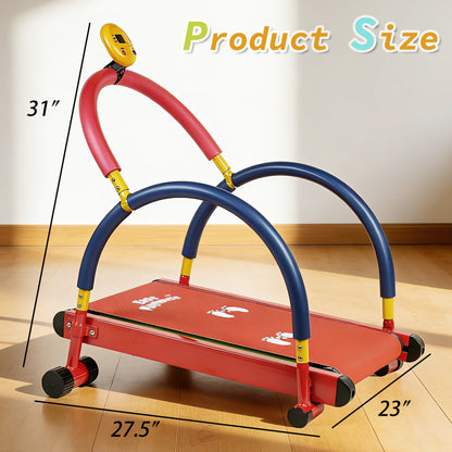 Kids Non-Motorized Treadmill With Digital Fitness Tracker in red with blue and yellow accents, featuring LCD display