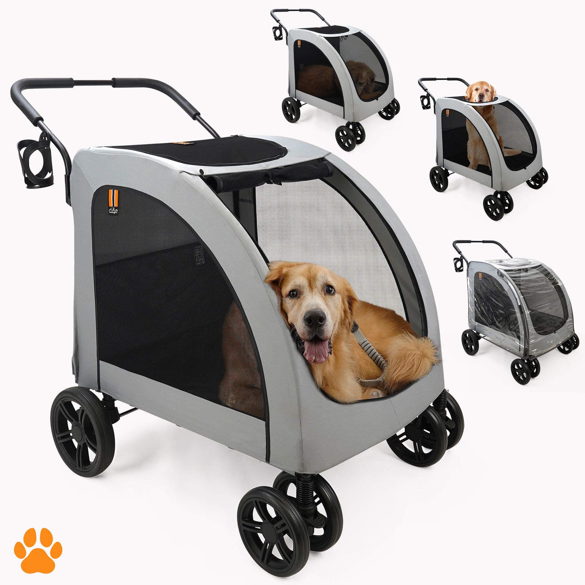 My Duque Chester Grey Pet Stroller with raincover, shown with golden retriever dog inside