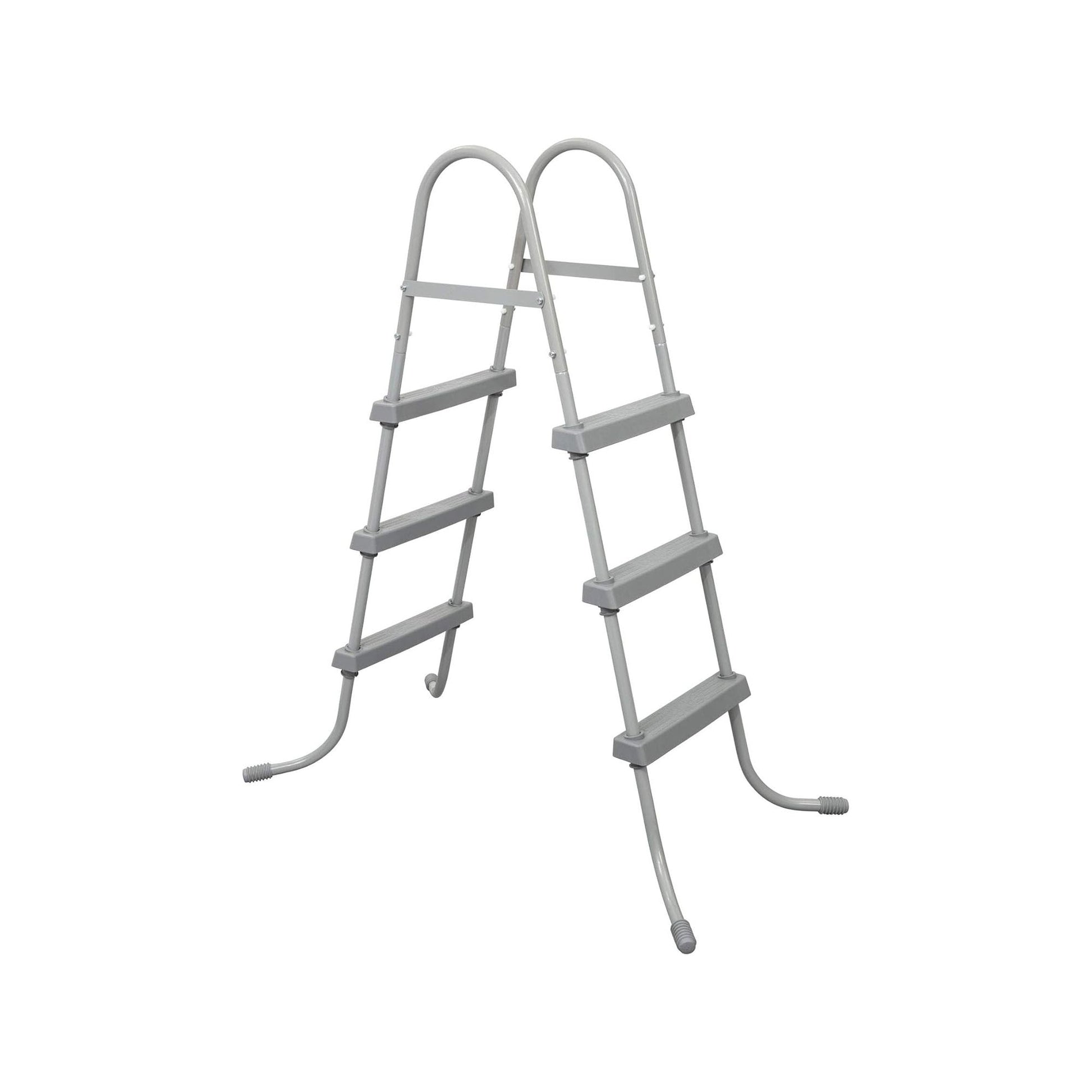 Gray metal above-ground pool ladder with curved handrails, three steps per side, and rubber feet