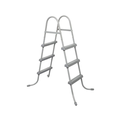Gray metal above-ground pool ladder with curved handrails, three steps per side, and rubber feet