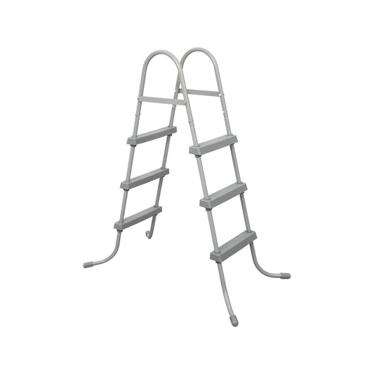 Gray metal above-ground pool ladder with curved handrails, three steps per side, and rubber feet