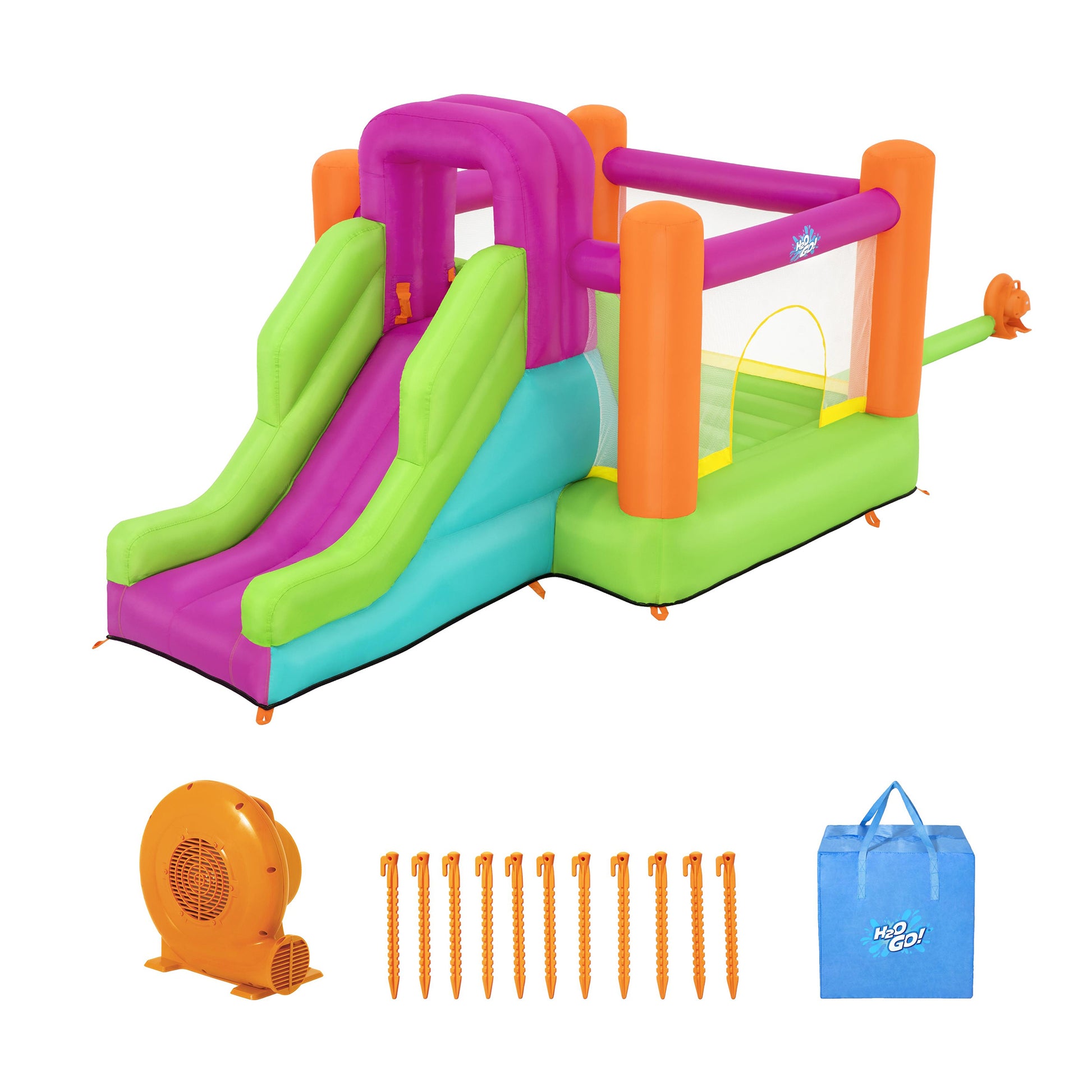 H2OGO! Mega Bouncer inflatable jumping activity center with lime-green slides, magenta frame, orange support posts, and turquoise base, includes air pump, groun