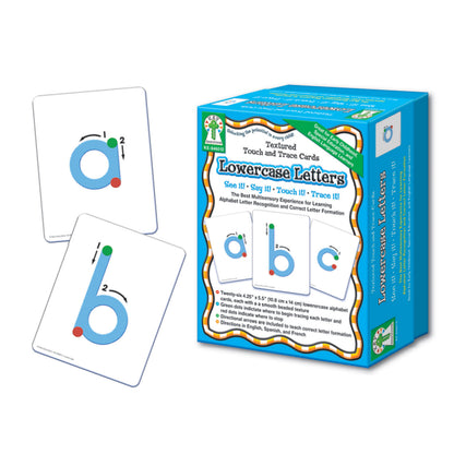 Textured Touch and Trace Cards - Lowercase Letters set showing blue letter cards with textured surfaces and directional arrows for letter formation practice