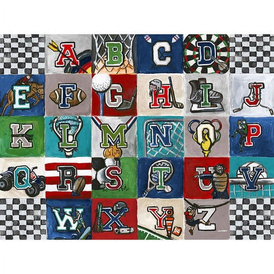 Colorful alphabet grid canvas with sports-themed letters A-Z, each featuring different sports equipment and imagery on colored backgrounds with checkered border