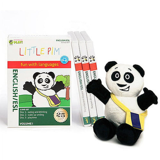 Little Pim English Discovery Series DVD set with plush panda toy wearing yellow and blue outfit, arms raised