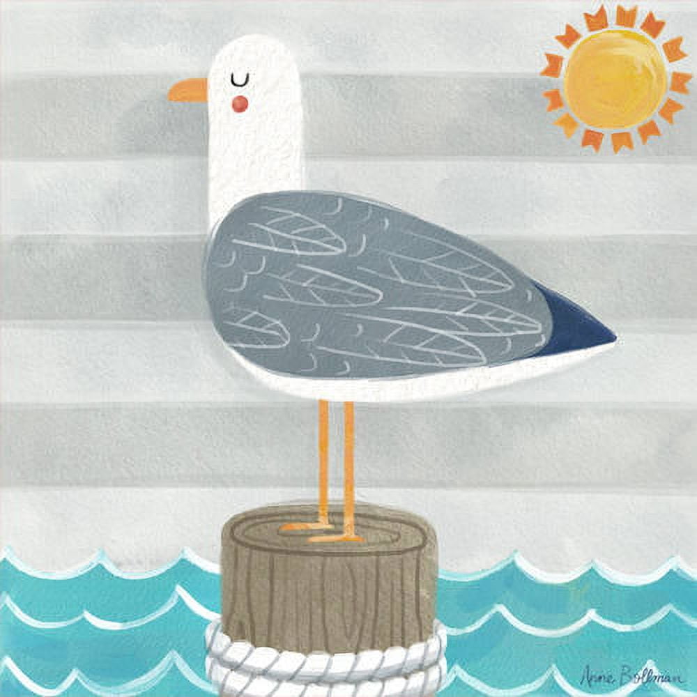 Illustration of a white seagull with gray wings standing on a wooden post in turquoise water, with sun and striped sky above