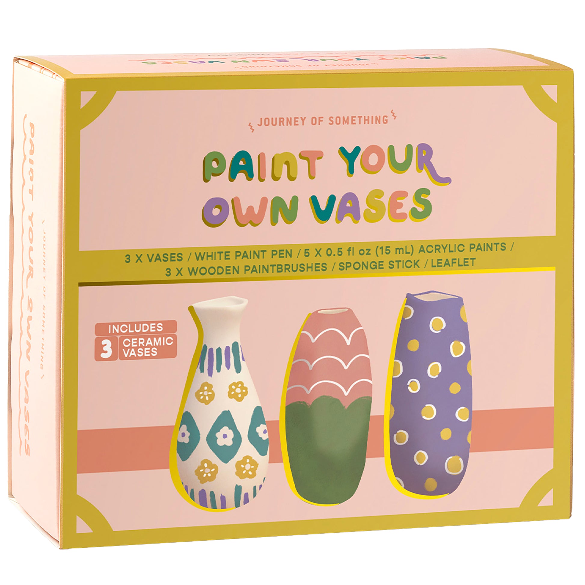 JOS Paint Your Own Vases craft kit with 3 ceramic vases in white, coral, and purple