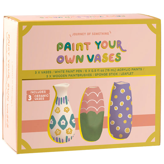 JOS Paint Your Own Vases craft kit with 3 ceramic vases in white, coral, and purple