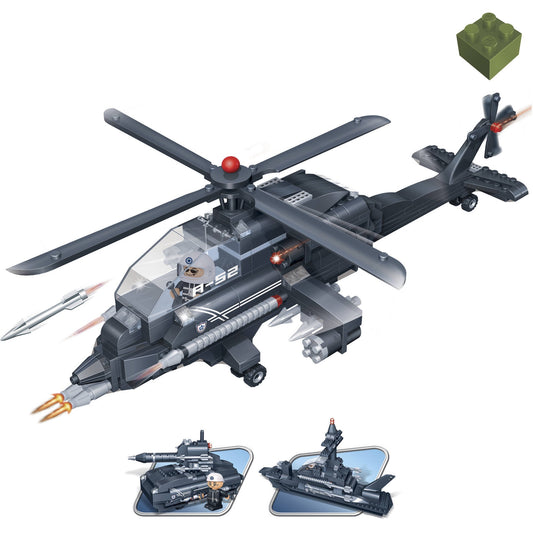 Black military helicopter building set with rotating blades, weapons, and cockpit detail; includes green brick, missile, and two smaller vehicle configurations